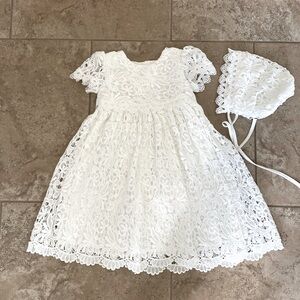 Baby girl white crochet baptism or flower girl dress. Matching bonnet